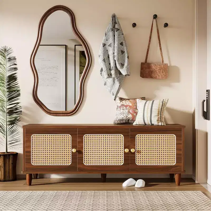 Lantine 55 Rustic Brown Lift Top Shoe Bench with 2-Tier Storage, Rattan Doors, Hidden Storage & Seat for Entryway, Hallway, Living Room.