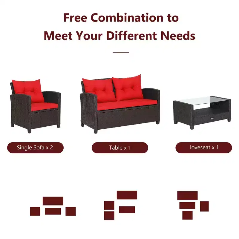 Costway 8 PCS Patio Rattan Furniture Set Glass Table Shelf Sofa Cushion Black/Red/Turquoise/Navy/Gray