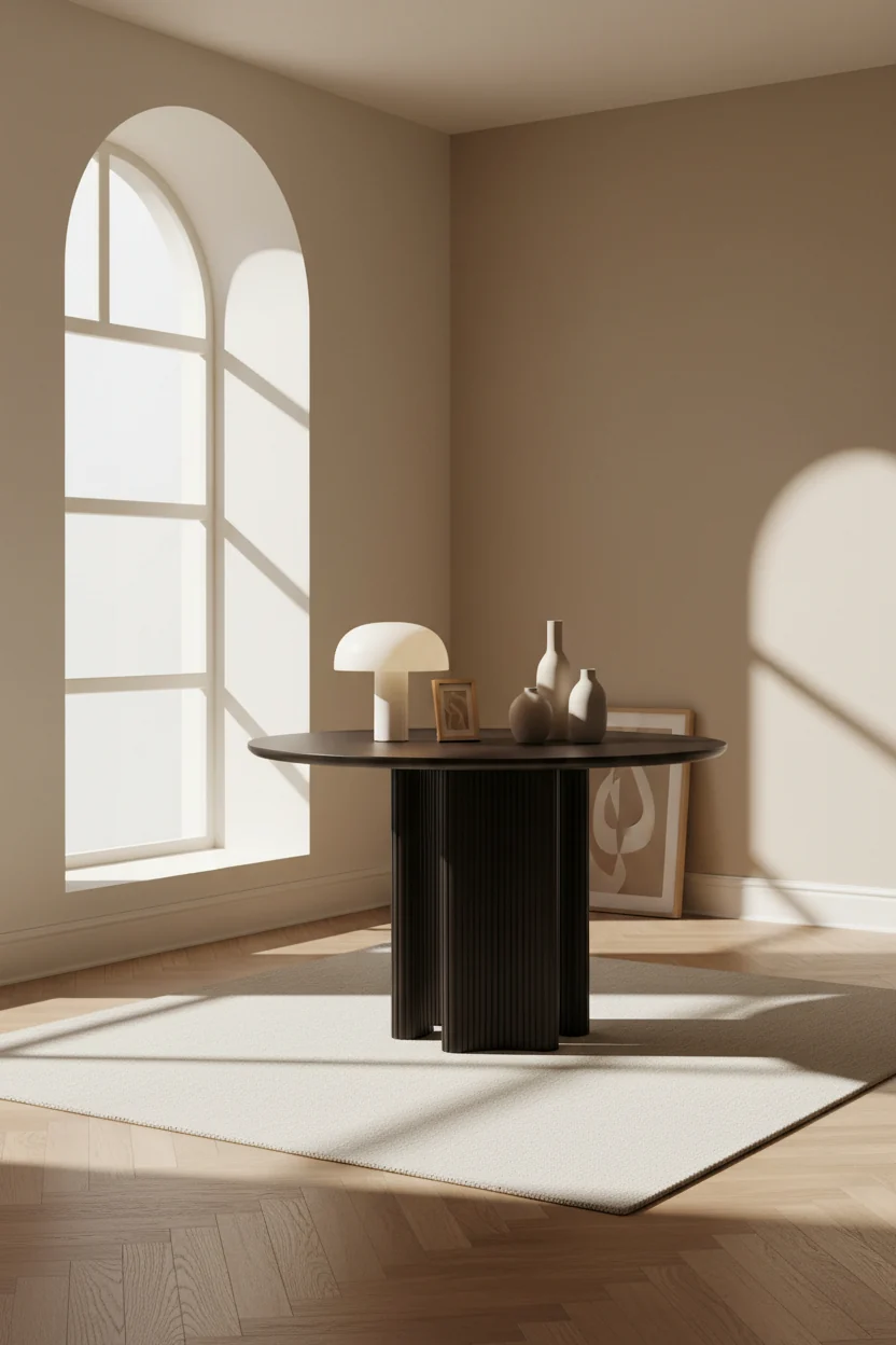 Eclectic Mahogany Wood Dining Table with Round Stacked-Stick Effect & Reversible Legs for Dining Room