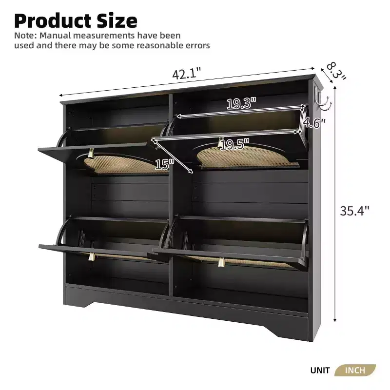 Narrow Design Tipping Bucket Shoe Cabinet with 4 Flip Drawers, Elegant Entryway Shoe Organizer with 4 Rattan Doors