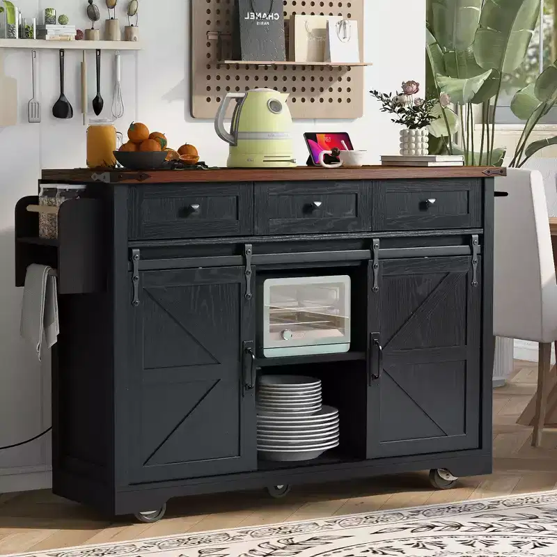 53.7 Farmhouse Kitchen Island with Power Outlet, Sliding Barn Doors, Drop Leaf, Spice Rack, Rolling Kitchen Cart