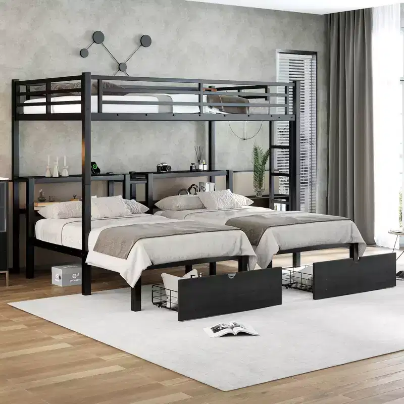 Full XL Over Twin & Twin Triple Bunk Bed with Drawers, Multi-functional Metal Frame Bed, Bed Head with Shelving and USB, Black