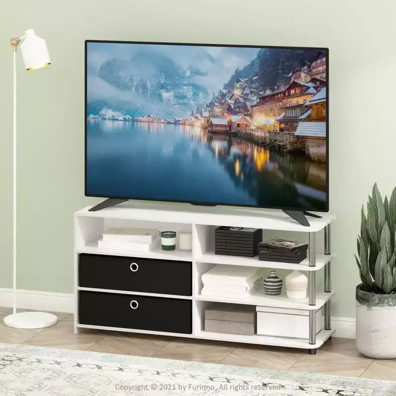 Simple Design TV Stand Entertainment Center Hold up to 50 TV with Storage Shelves & 2 Bins,White Oak
