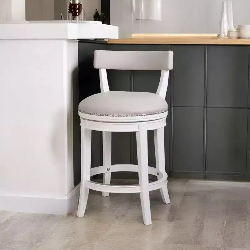 Gray and White Faux Leather and Solid Wood Low Back Counter Height Swivel Bar Chair