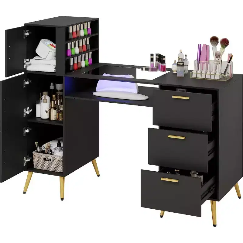 Portable Nail Desk with Drawers, Glass Top & Wrist Rest, Metal Legs