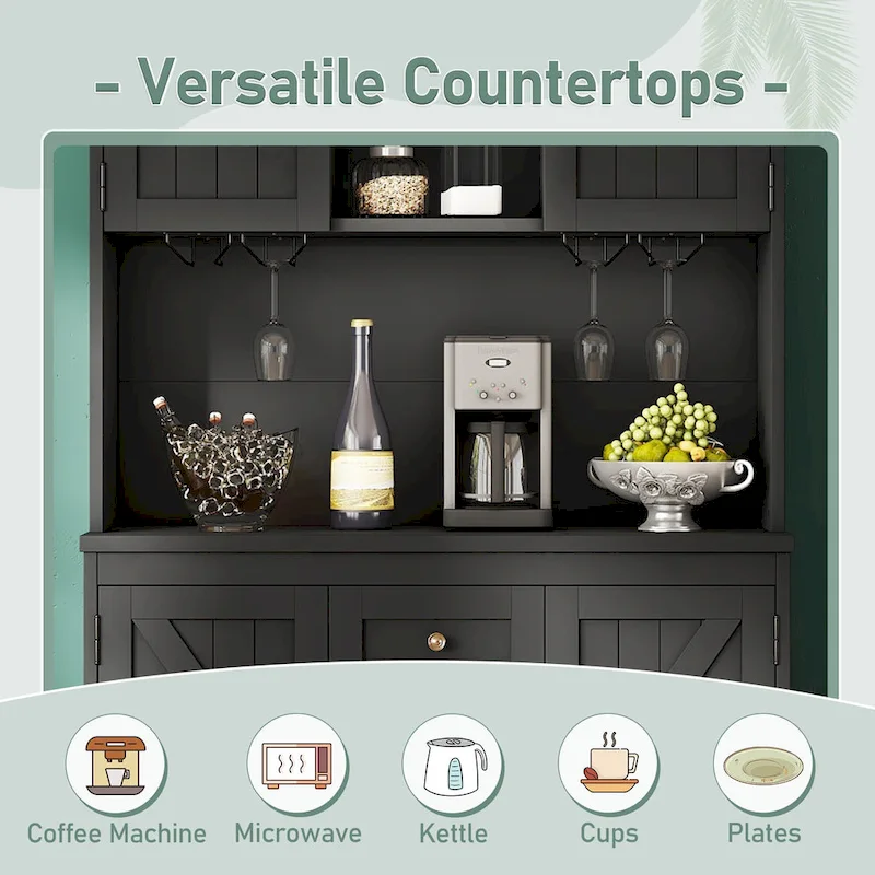 Coffee Bar Cabinet with Drawers, Freestanding Kitchen Pantry with Shelves and Cabinets, Buffet Cabinet with Glass Racks
