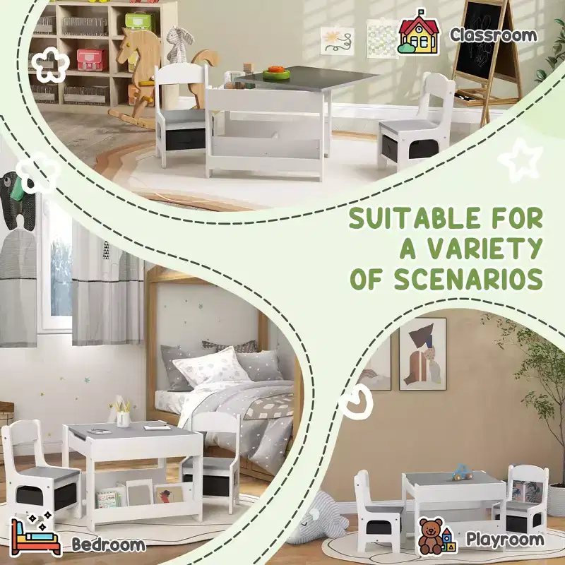 Etokfoks Kids Table and Chair Set 3 Piece 2 in 1 Reversible Tabletop Blackboard Storage Drawers Bookshelf Gray 24.2 x 24.2 x 18.9 in