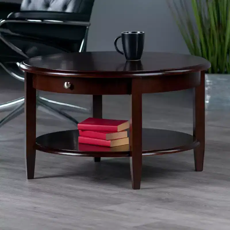 Round Coffee Table with Drawer and Shelf