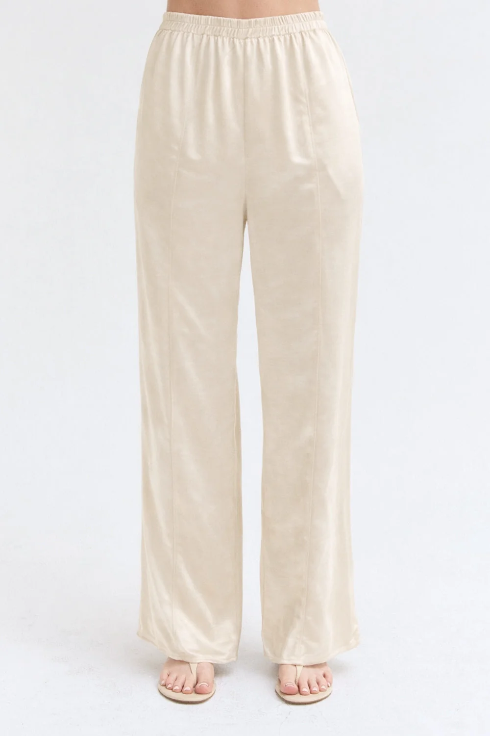 Satin Pull On Pants Relaxed Straight Leg Elastic Waist Women