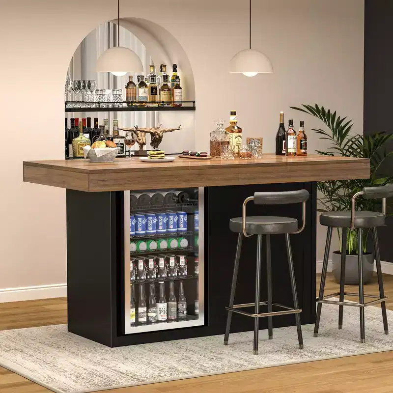 Bar Height Pub Table with Fridge Space & Storage, 41.1H x 63W, Seats 4-6, Black/Brown