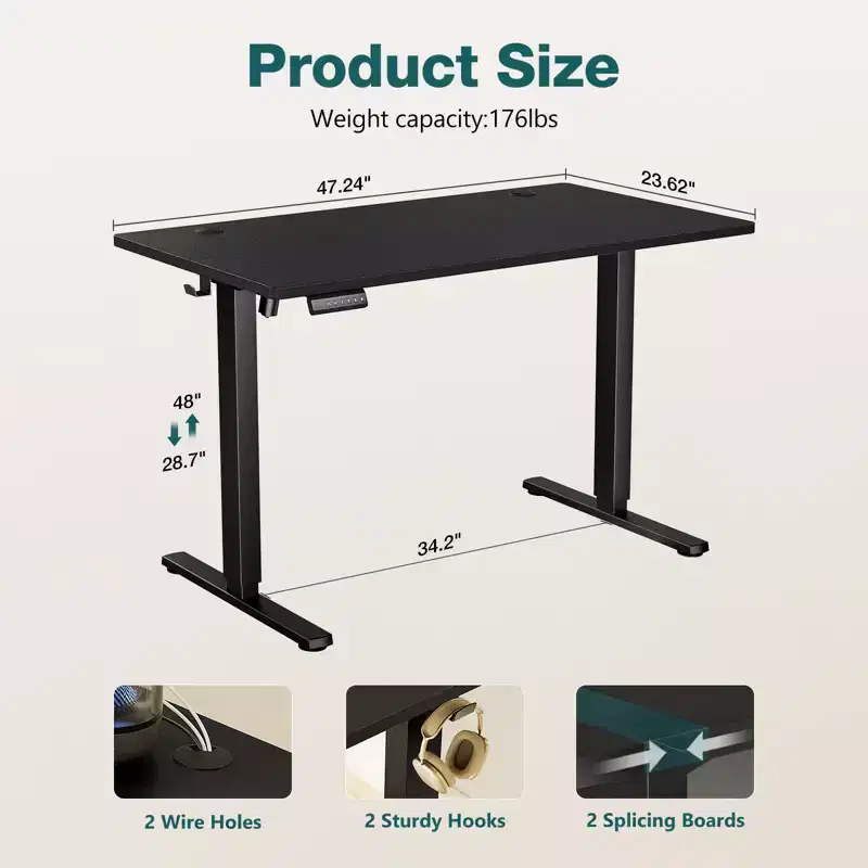 Ergonomic Height Adjustable Electric Standing Desk with T-Shaped Metal Frame and Memory Presets Modern Computer Workstation55.10x23.60x46.60-Black