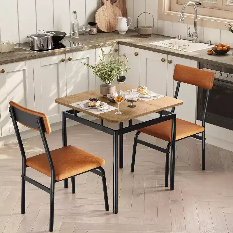 3-Piece Dining Set with 2 Padded Chairs,Tone Finish Table and Chair Set for Home and Apartment, Space Saving Design with Easy to Clean Surface, Brown