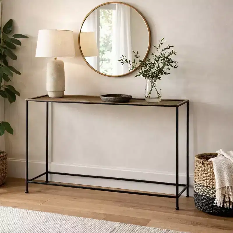 Royal Hampton 48 Inch Console Sofa Table, Artisanal Hammered Antique Bronze Tray Top, Industrial Black Iron Frame