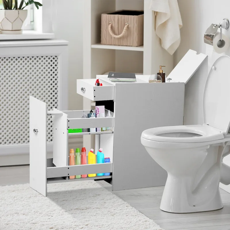 Narrow Slide-Out Bathroom Floor Cabinet with Drawers – White, MDF, Chrome Knobs, Freestanding