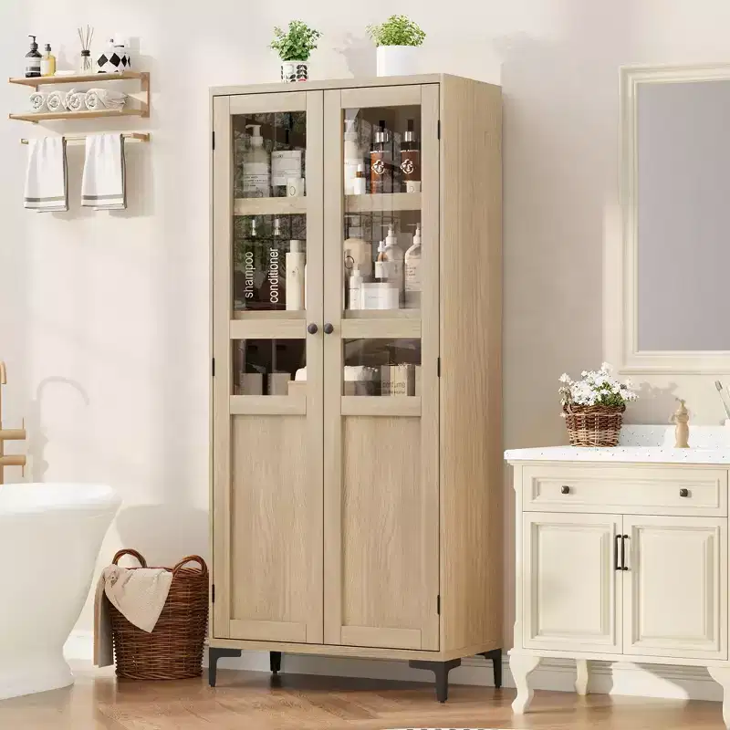 GustoWave 63 Inch Tall Storage Cabinet with Glass Doors, Kitchen Pantry 5 Tier Bathroom Cabinet Adjustable Shelves for Kitchen, Dining Room, Bathroom