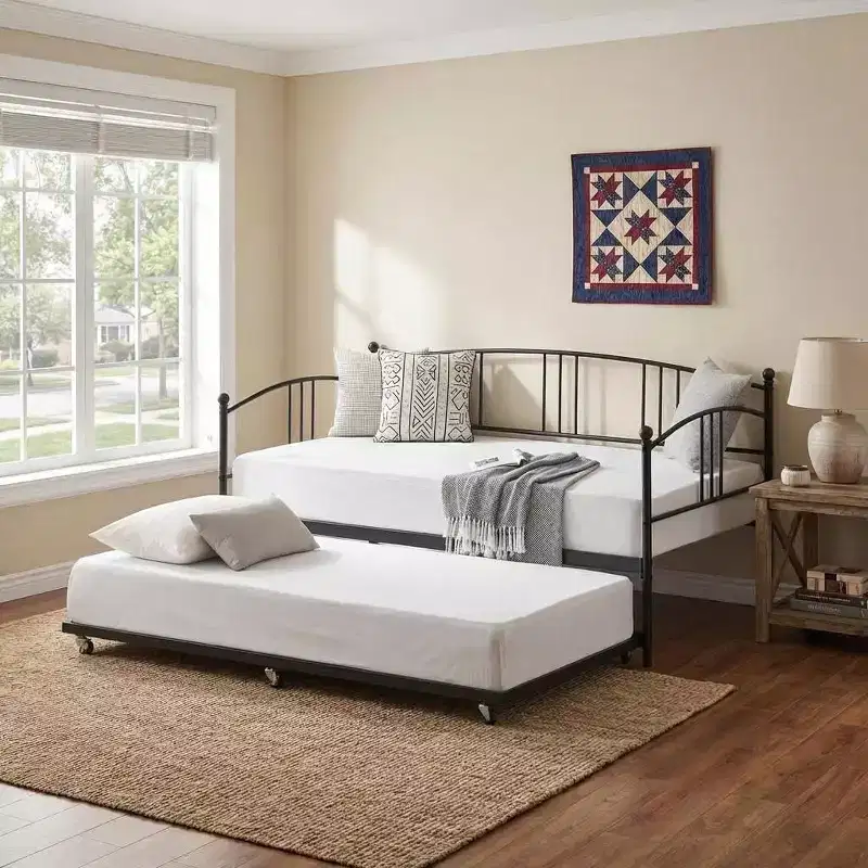 COZONY Daybed with Trundle, Twin Metal Sofa Bed with Steel Slats, Arched Headboard, Space-Saving Guest Bed for Living Room Bedroom, Black