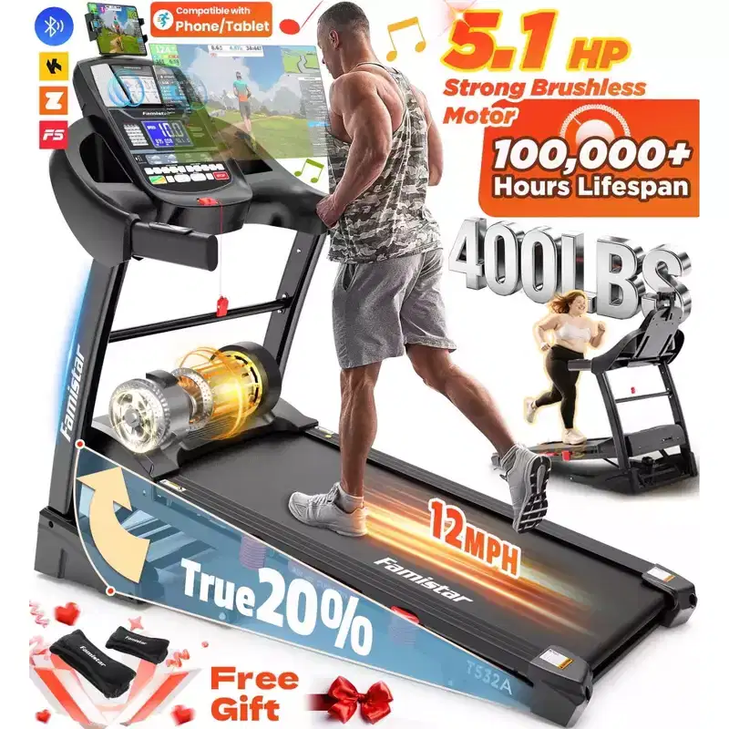 Famistar 5.1HP Folding Treadmill for Home with 20% Auto Incline, 300-400 LB Capacity, Portable Foldable Treadmill, FREE APP Control,12MPH Speed