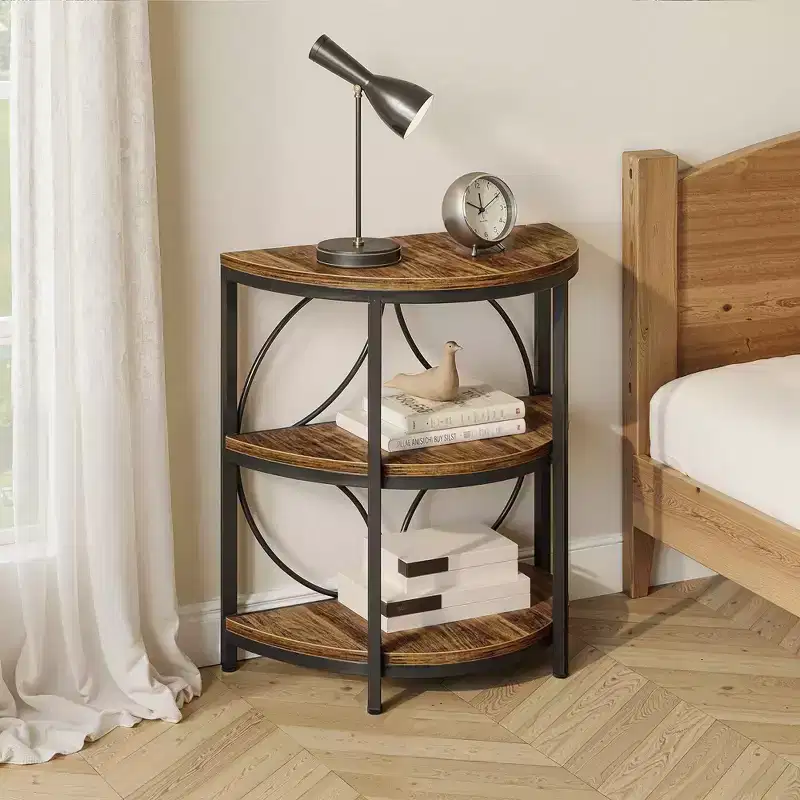 3-Tier Half-Round Side Table, Rustic Brown Engineered Wood with Black Metal Frame