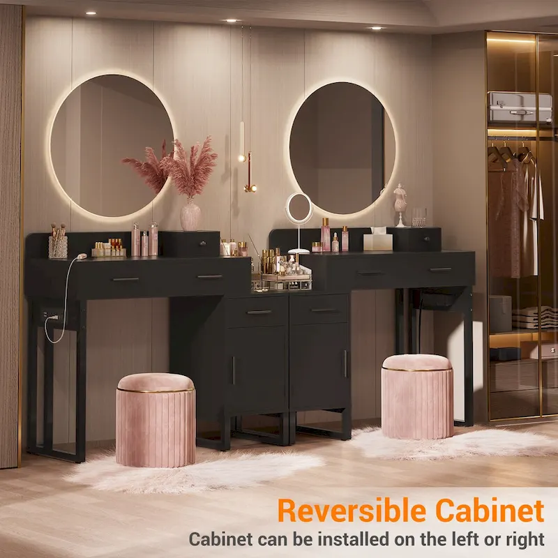 Reversible Makeup Vanity Desk With Charging Station and 4 Wooden Drawers and 1 Cabinet - N/A