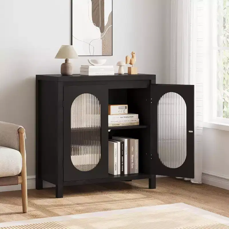 30.1in Farmhouse Coffee Bar Cabinet, Buffet with Fluted Glass Doors, Kitchen Storage Cabinet for Dining Room & Entryway, Accent Storage Hutch Black