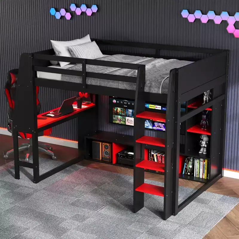 Wooden Gaming Loft Bed with LED Desk, Twin/Full Size Gaming Loft Bed with Storage Shelves and Hanging Clothes Rack