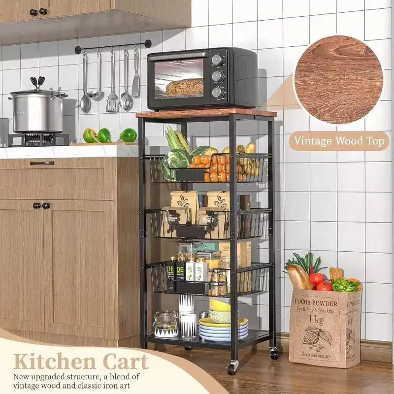 Kitchen Storage Cart with 5 - Tier Baskets, Wood Top, Rolling Snack Cart, Metal Black, Easy to Move, Durable Storage Solution