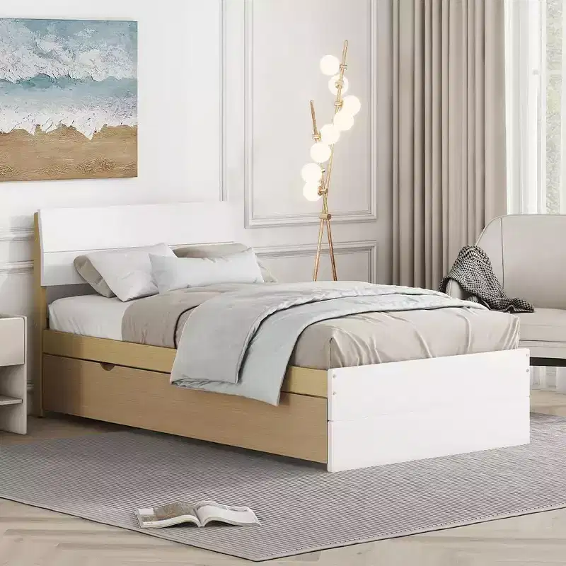 Twin Bed Frame with High Gloss Headboard Footboard, Twin Wood Platform Bed with Trundle, Single Bed, No Spring Box Needed for Bedroom, Guest Room