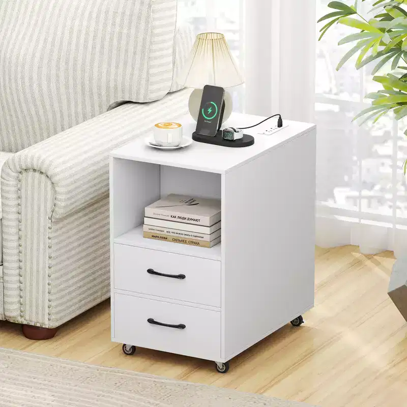 Costway 2PCS End Table w/Built-in Charging Station USB Ports Outlets 2 Drawers 3 Shelves White