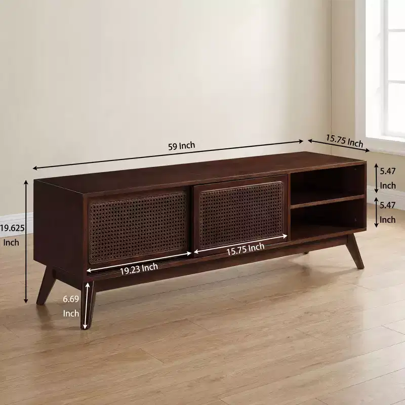 59-inch Mid-Century Modern Rattan TV Console for 65-inch TVs Media Console with Solid Wood Legs and Rattan Doors - Dark Wood