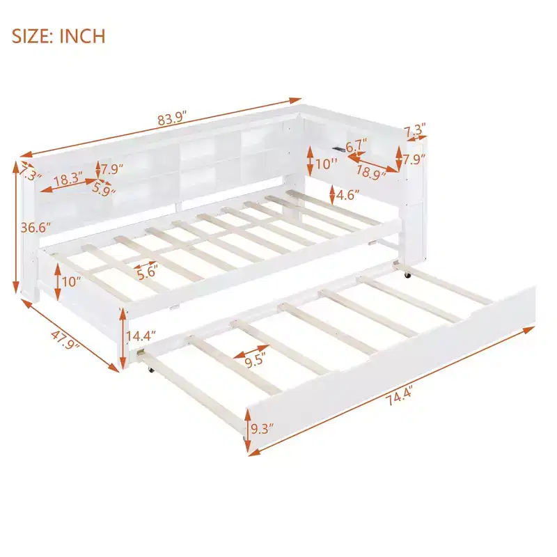 Bellemave Twin Size Wooden Daybed with Trundle, Bookcase Storage & USB Charging Station, White
