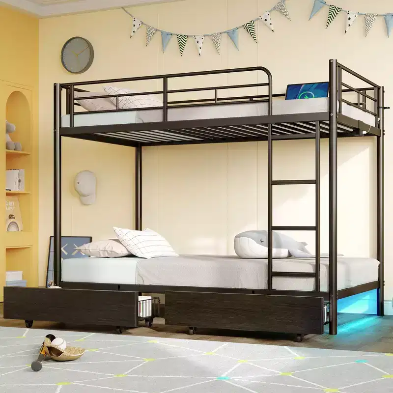 Metal Bunk Bed with Storage Drawers, Charging Station and LED Light, Safety Guardrail & Ladders Black