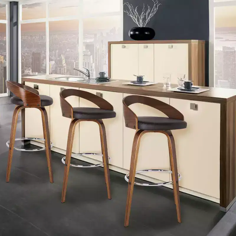 HomeStock Sonia Bar Height Barstool in Walnut Wood with Faux Leather