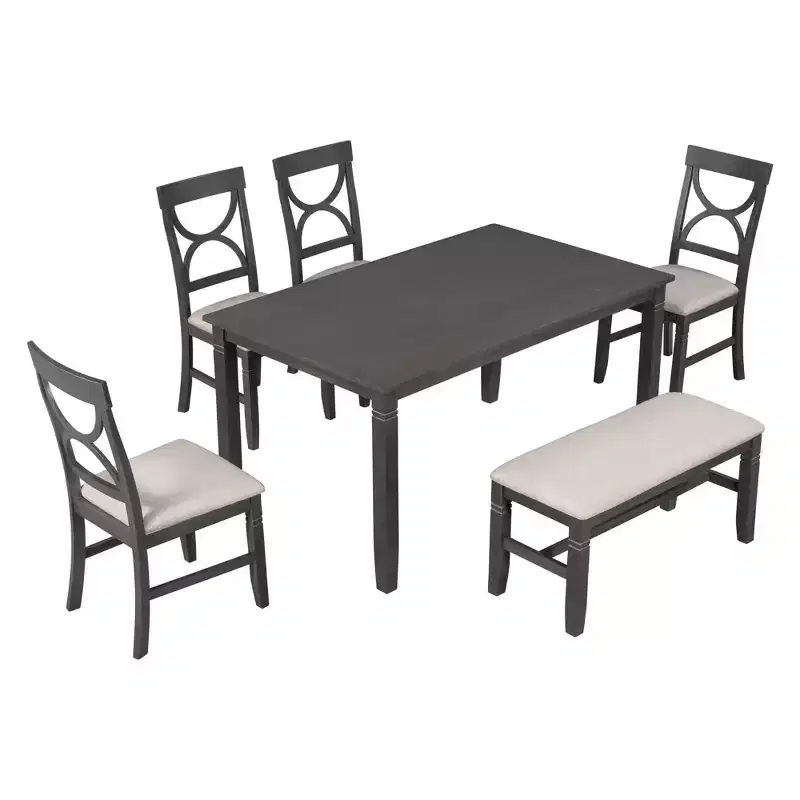 6 PCS Farmhouse Wood Dining Table Set with Table and Upholstered Chairs-ModernLuxe