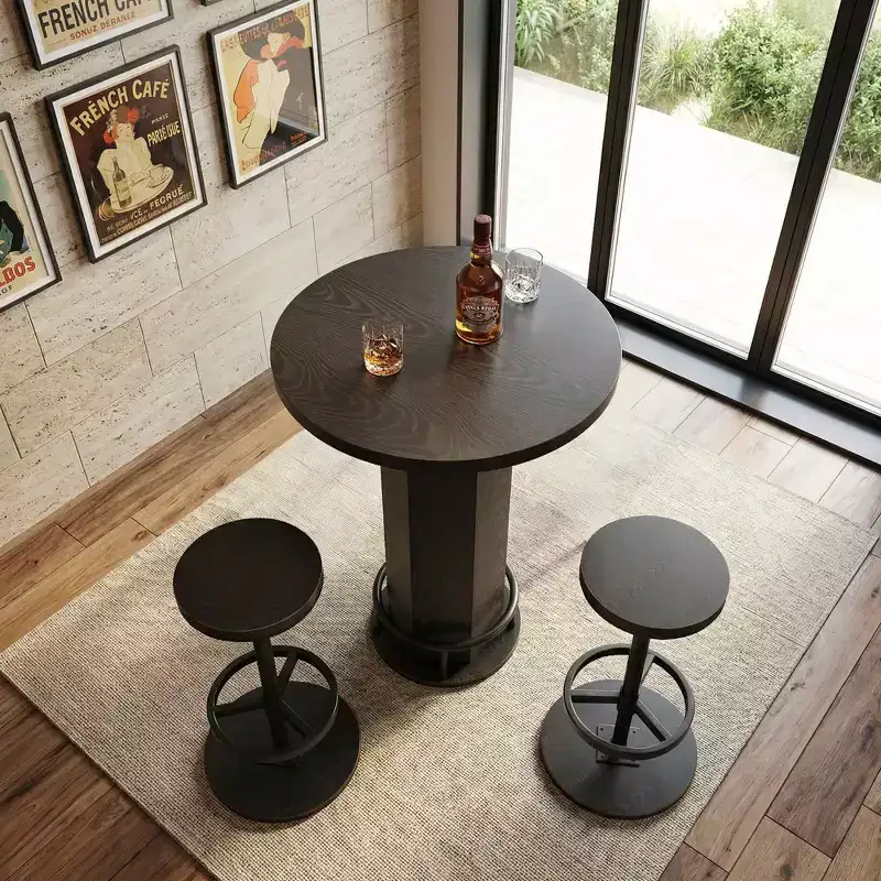 MAYEERTY 23.62 Round Modern Farmhouse Bistro Table Set with 2 Stools, Rustic MDF Top & Metal Pedestal Base, 37.8 Bar Height Table with Footrest