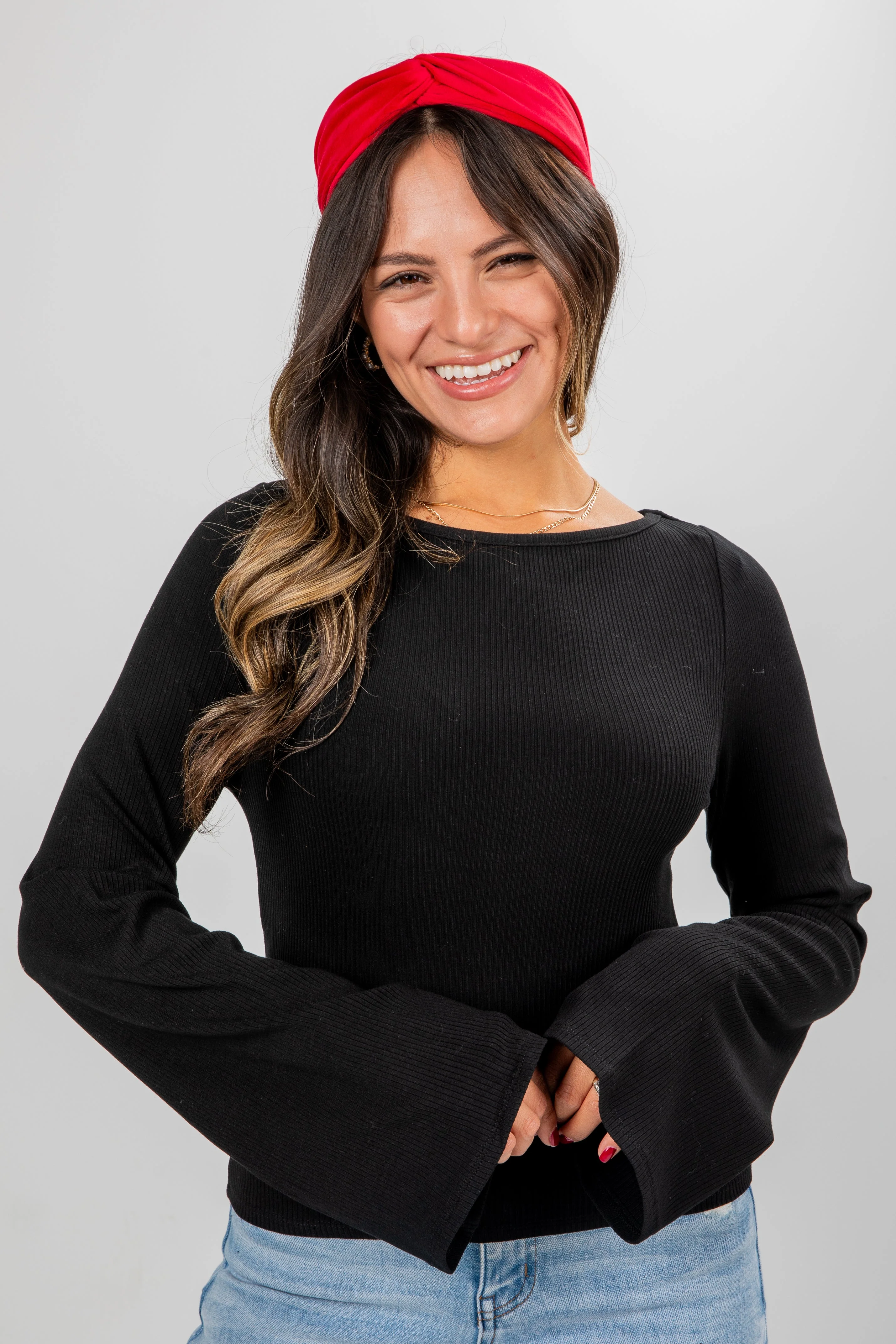 Wide Neck Long Bell Sleeve Ribbed Knit Top