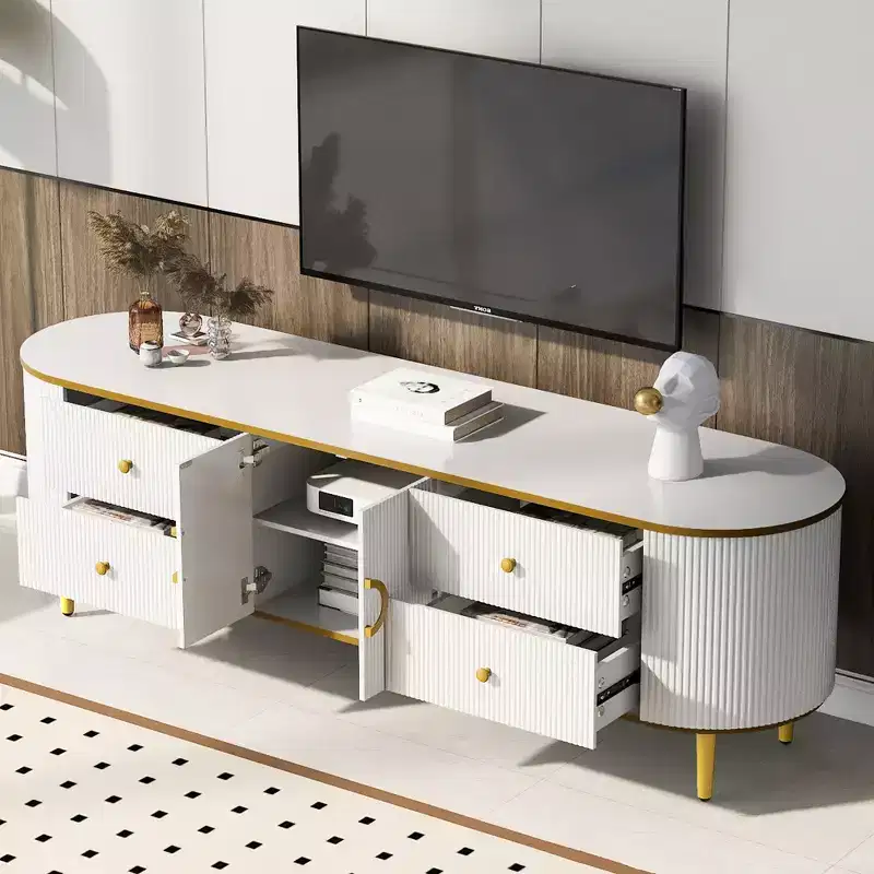 JVNOXK Modern Wood TV Stand for Up to 80 TVs, Entertainment Center with 4 Drawers & 1 Cabinet, Metal Legs & Gold Accents for Living Room