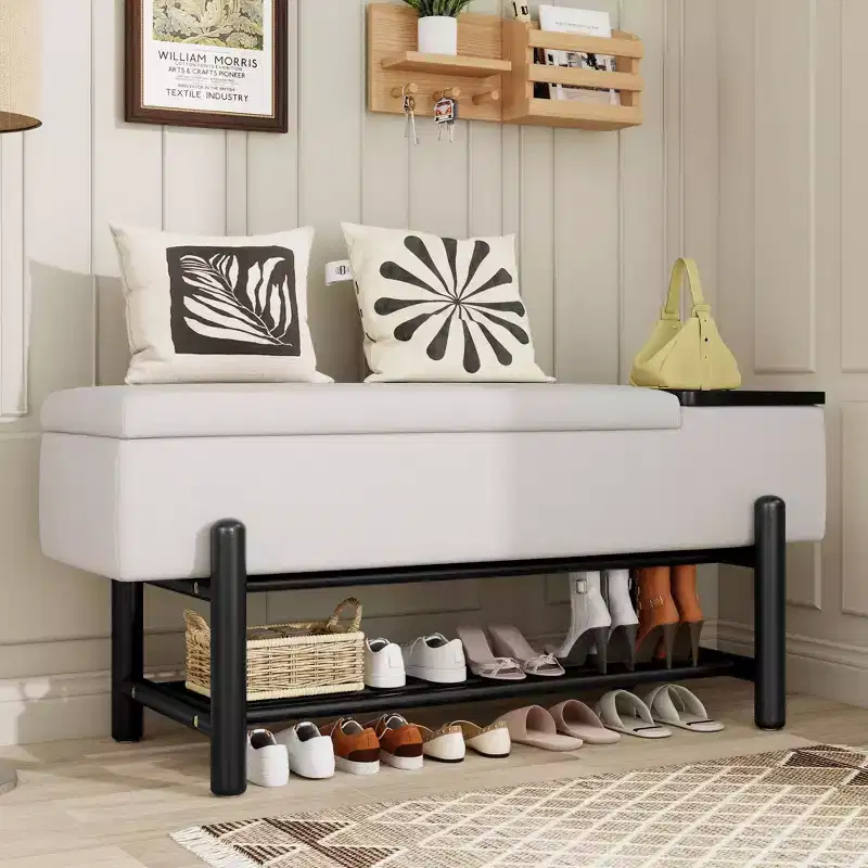 Modern Upholstered Storage Bench with Lift-Top Hidden Storage & Shoe Rack, Entryway Bench