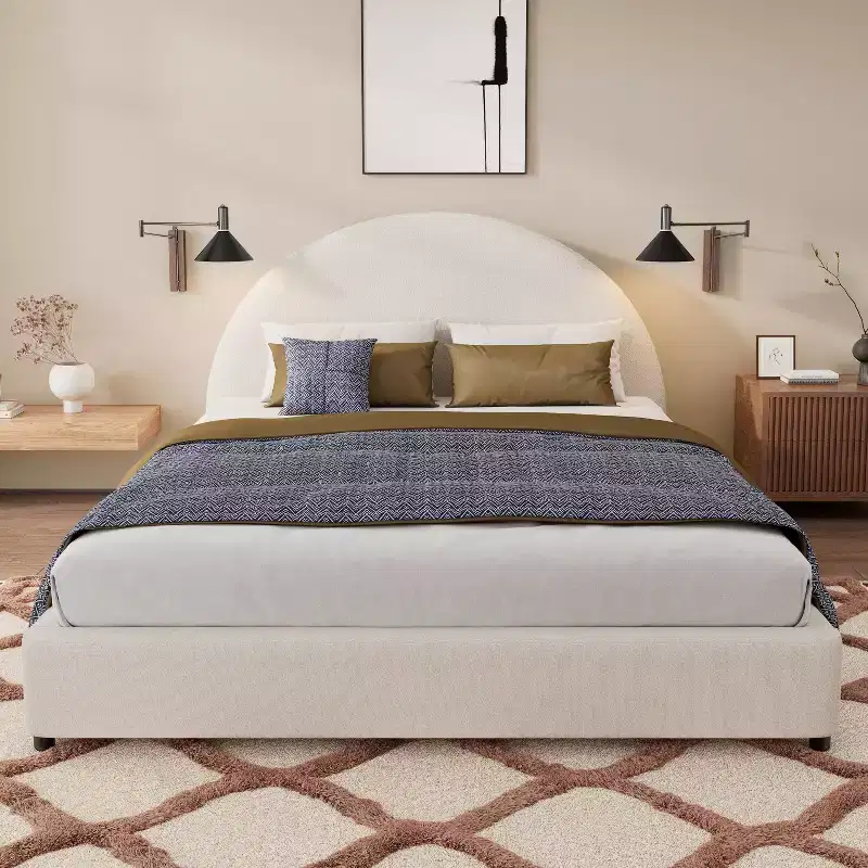 Queen/King Size Upholstered Platform Bed Frame with Round Curved Padded Headboard, White - ModernLuxe