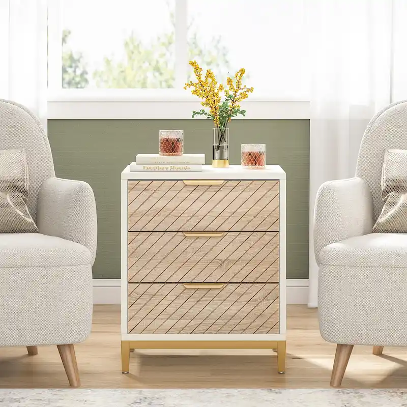 3-Drawer Nightstand with Gold Handles, Light Wood Grain, Particle Board and Metal Frame, 19.69W x 15.75D x 24.6H in