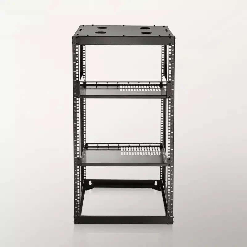 20U Open Frame Network Server Rack, 23-Inch Depth, Wall Mount or Floor Standing, Heavy Duty 4-Post with Vented Shelves, Black