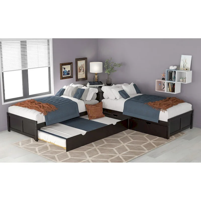 L-Shaped Bunk Bed with Trundle, Drawers, and Built-In Desk, Twin