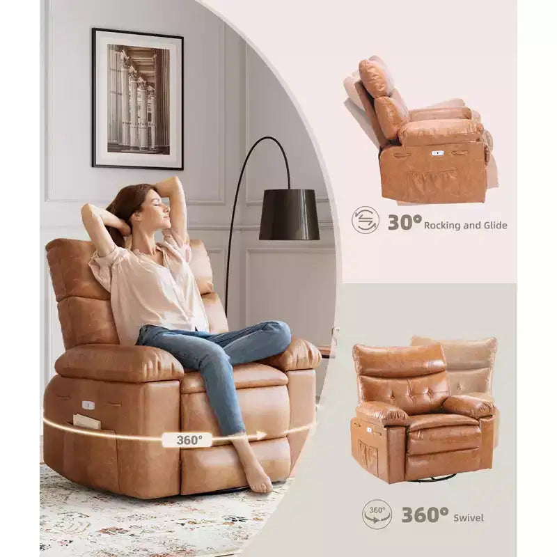 Extra-large massage and heated rocking chair, 360 rotating recliner, with remote control, cup holder and side pockets, ergonomically designed.