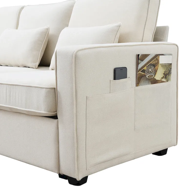4-Seater Modern Linen Fabric Sofa with Armrest Pockets and 4 Pillows