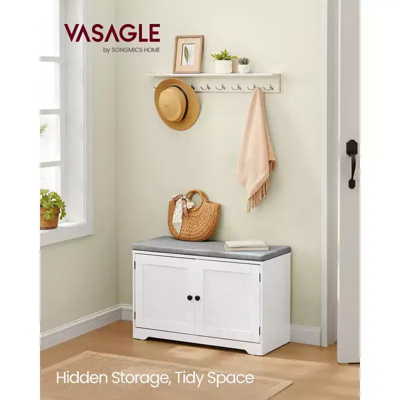 3-Tier Shoe Storage Bench with Cushion, 31.9 Inch Entryway Seat with Adjustable Shelves and Doors, Cloud White