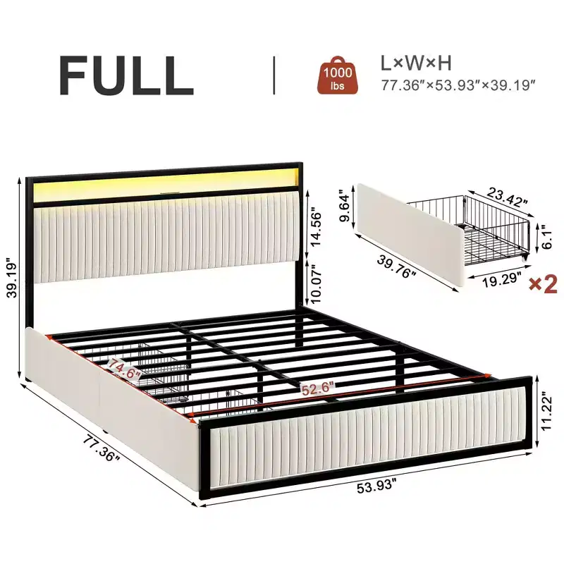 Hausource Velvet Upholstered Bed Frame with LED Headboard, 2 Drawers, Charging Station