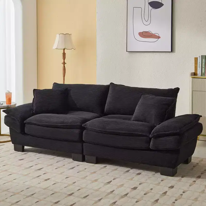 Corduroy Loveseat Upholstered Deep Seat Sofa with Pillows, Black, 84