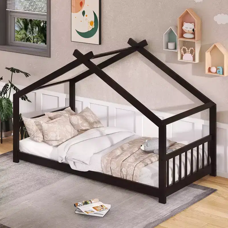 Twin/Full Kids Floor House Bed Frame with Fence and Roof