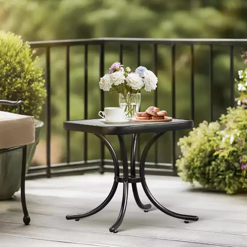 Outdoor Side Table, 18 Patio Table Steel Frame Tempered Glass Top, Weatherproof Small Tables for Balcony Garden Poolside