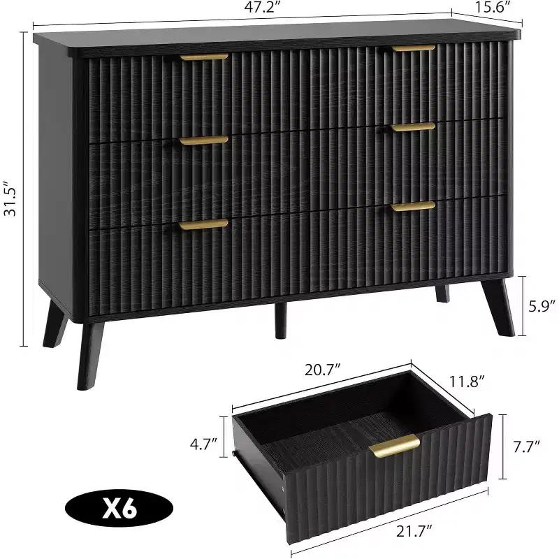 Fluted 6 Drawers Dresser, 47.2 Wide Dressers with Curved Profile Design,Wood Drawer Organizer, Modern Chest of Drawers for Bedroom, Living Room