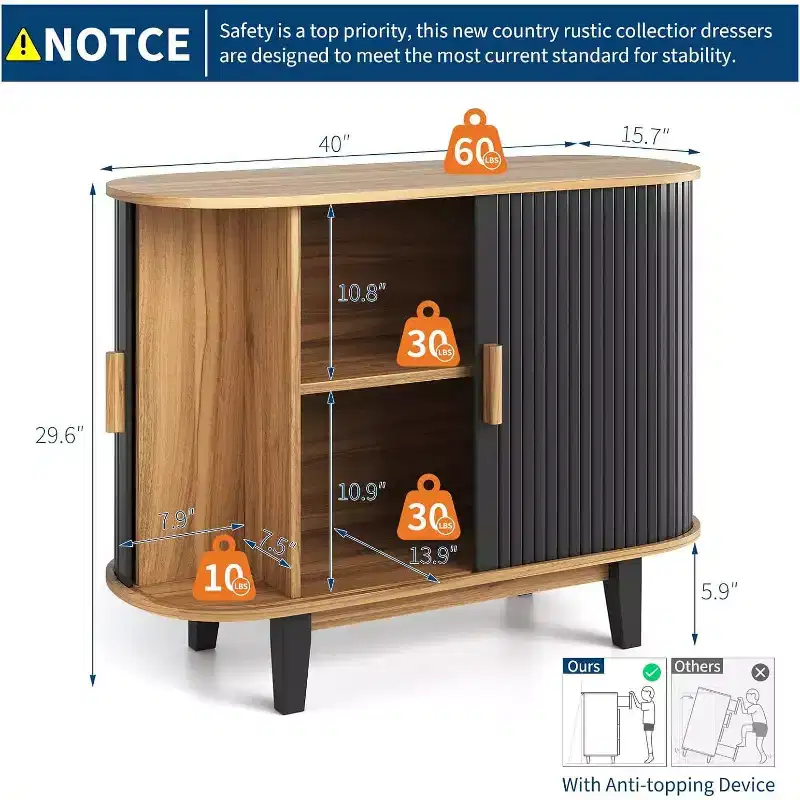 40'' Fluted Sideboard Buffer Cabinet, Storage Cabinet with Sliding Door & Adjustable Shelf, for Living&Dining Room Kitchen Hallway